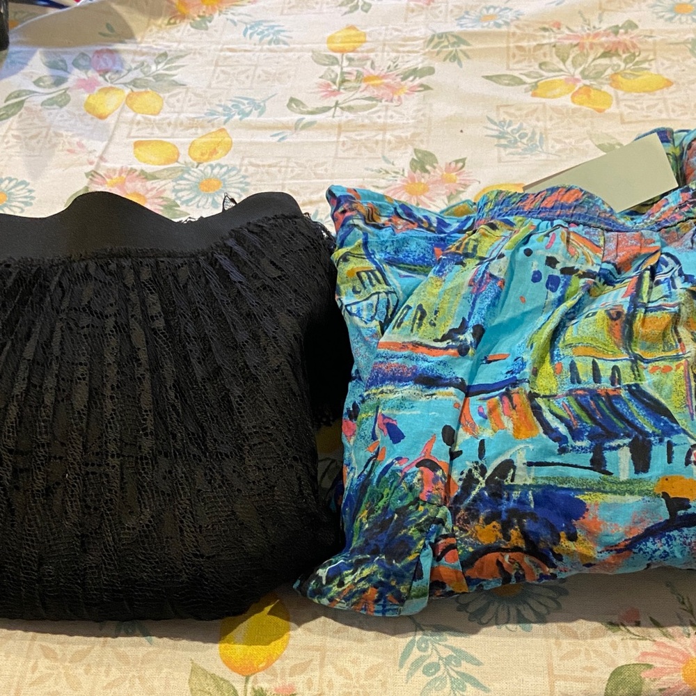 Lane Bryant Black Smocked Midi Skirt with Bright Multicolor Print Overlay